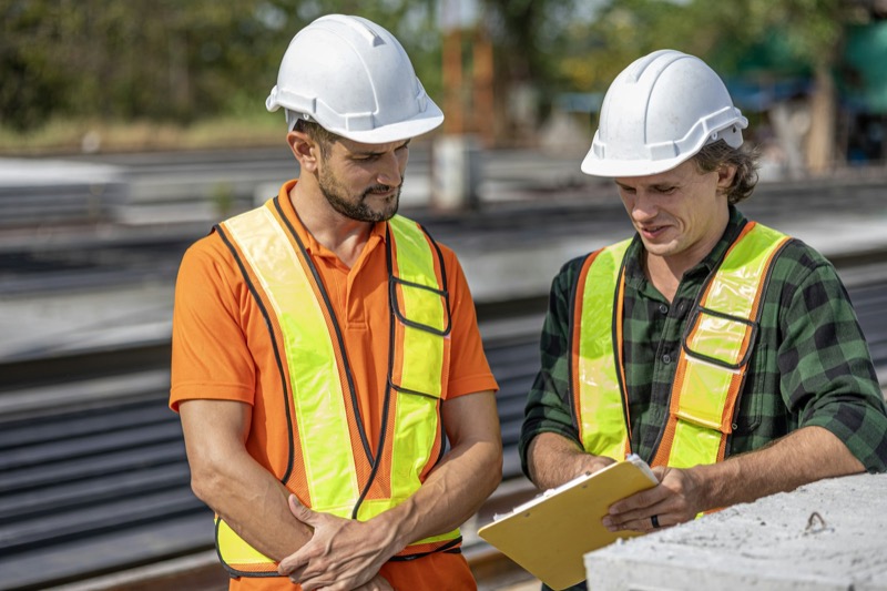 Site team coordinating on construction drawings.