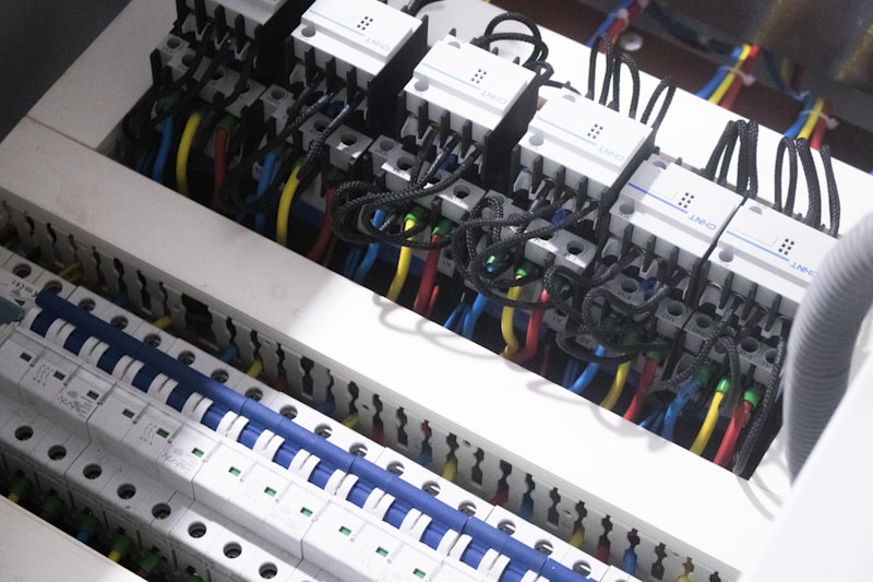 An electrical distribution board with breakers and wiring.