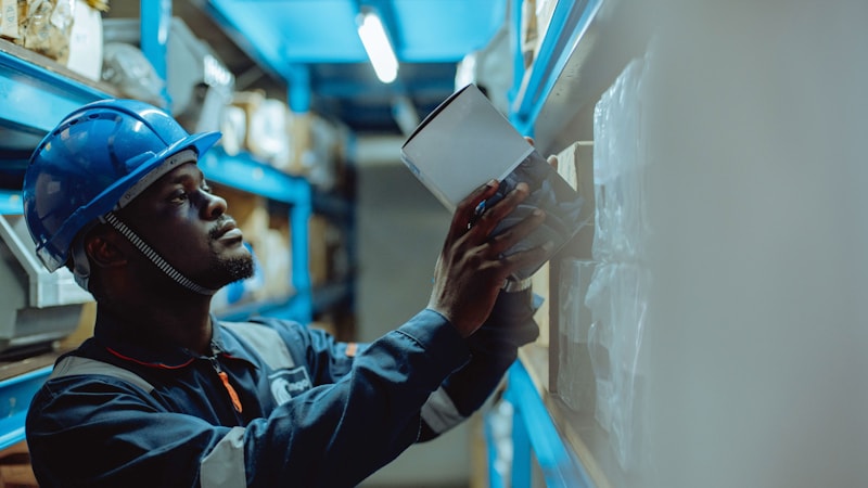 A site engineer in PPE checking materials against the specification.